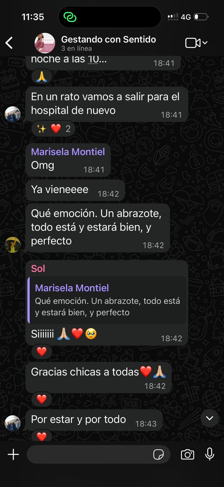 Mensajes del grupo acompañando a Sol el día de su parto