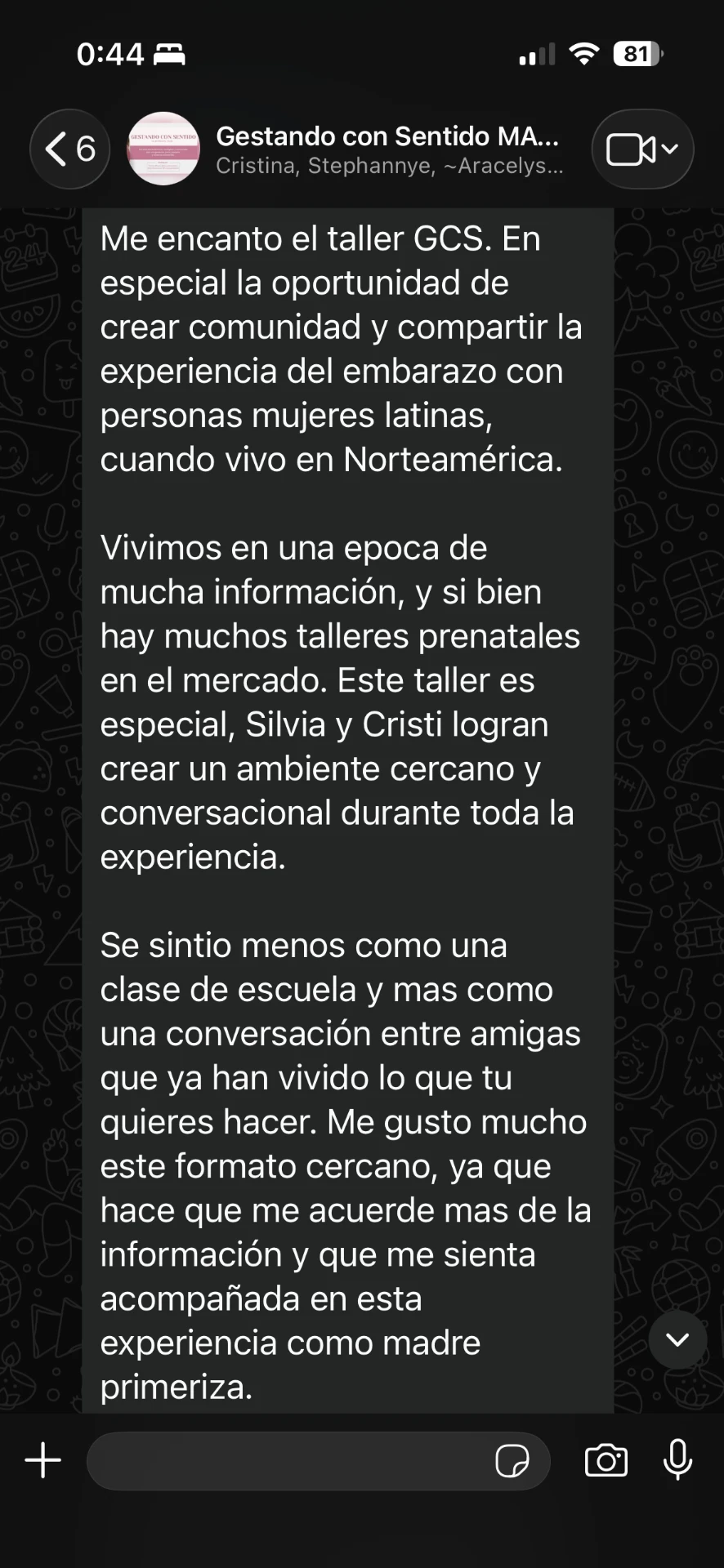 Testimonio sobre la comunidad y el ambiente cercano del taller