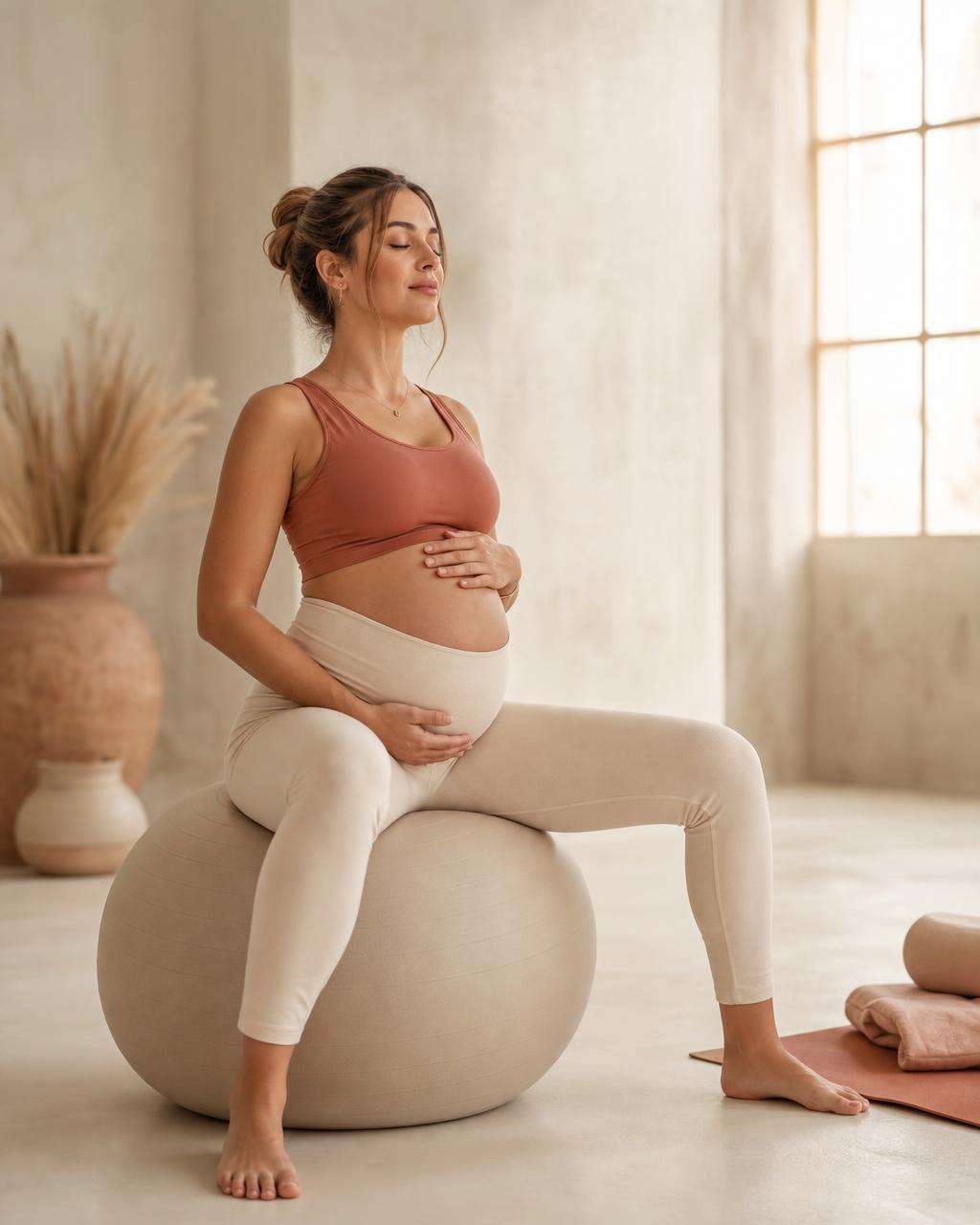 Mujer embarazada practicando movimiento prenatal apoyada en una pelota